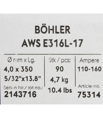 Bohler mma elektroda spawalnicza chromowo-niklowa 316l 4.0x350/4.7paczka/18.8karton (cena za 1 paczkę)