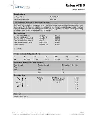 Bohler TIG drut spawalniczy prêt AlSi5 4043 aluminium 2.4x1000/opk. 5kg (cena za 1kg)