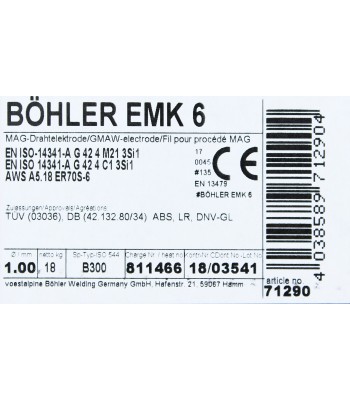 Bohler MAG drut spawalniczy EMK6 ER70S-6 G3Si1 12.50 1.0X18kg szpula (cena za 1 szpulê)