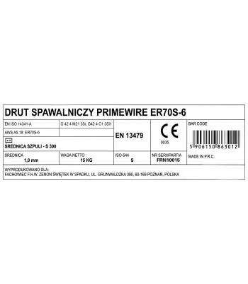 PrimeWire MAG drut spawalniczy ER70S-6 G3Si1 SG2 1.0mm 15kg S300 szpula plastykowa.