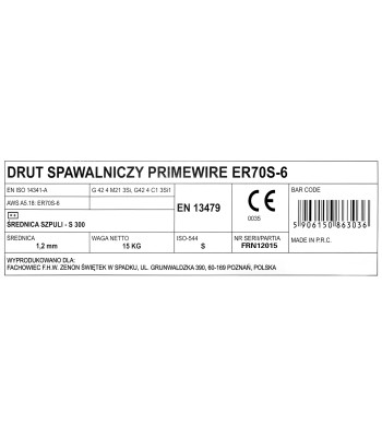 PrimeWire MAG drut spawalniczy ER70S-6 G3Si1 SG2 1.2mm 15kg S300 szpula plastykowa.
