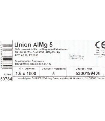 Bohler TIG drut spawalniczy prêt AlMg5 5356 aluminium 1.6x1000/opk. 5kg (cena za 1kg)