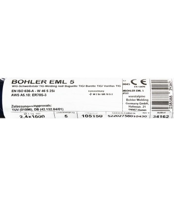 Bohler TIG drut spawalniczy prêt EML5/W2Si/ER70S-3 stal niskostopowa 2.4x1000/opk. 5kg (cena za 1kg)