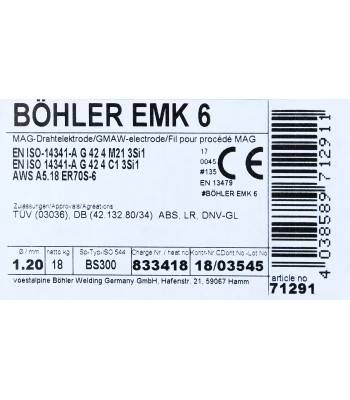 Bohler MAG drut spawalniczy EMK6 ER70S-6 G3Si1 12.50 1.2X18kg szpula (cena za 1 szpulę) (78071291) - www.toolsbook.eu