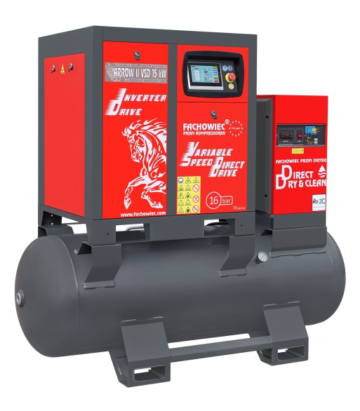 Sprężarka śrubowa ARROW II VSD 15 kW/500 710-1100 l/min. 16 Bar zestaw na zbiorniku poziomym 500L+ osuszacz + filtry ISO 8573-1 