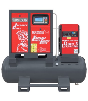 Sprężarka śrubowa ARROW II VSD 15 kW/500 710-1100 l/min. 16 Bar zestaw na zbiorniku poziomym 500L+ osuszacz + filtry ISO 8573-1 