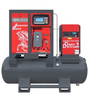 Sprężarka śrubowa ARROW II VSD 15 kW/500 710-1100 l/min. 16 Bar zestaw na zbiorniku poziomym 500L+ osuszacz + filtry ISO 8573-1 