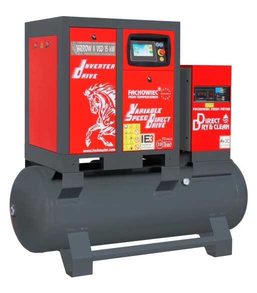 Sprężarka śrubowa ARROW II VSD 15 kW/500 720-1800 l/min. 10 Bar zestaw na zbiorniku poziomym 500L + osuszacz + filtry ISO 8573-1