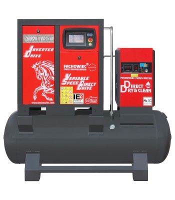 Sprężarka śrubowa ARROW II VSD 15 kW/500 720-1800 l/min. 10 Bar zestaw na zbiorniku poziomym 500L + osuszacz + filtry ISO 8573-1