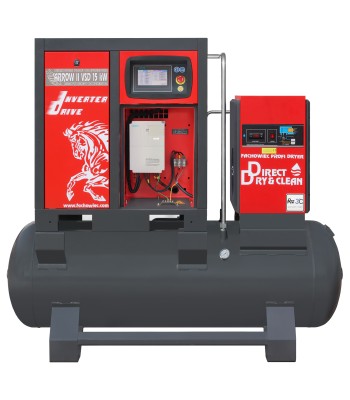 Sprężarka śrubowa ARROW II VSD 15 kW/500 720-1800 l/min. 10 Bar zestaw na zbiorniku poziomym 500L + osuszacz + filtry ISO 8573-1