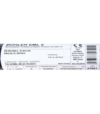 Bohler TIG drut spawalniczy pręt EML5/W2Si/ER70S-3 stal niskostopowa 1.6x1000/opk. 5kg (cena za 1kg) (78027991) - www.toolsbook.