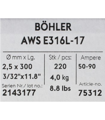 Bohler MMA elektroda spawalnicza chromowo-niklowa 316L 2.5x300/4.0paczka/16.0karton (cena za 1 paczkę) (75312) - www.toolsbook.e