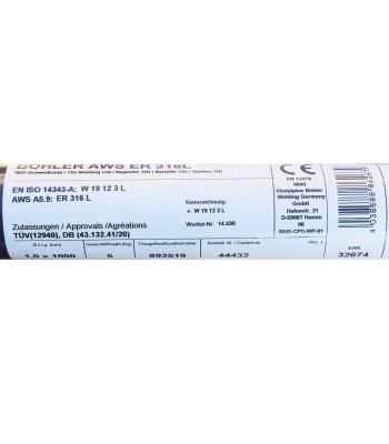 Bohler TIG drut spawalniczy prêt TIG 316L chromowo-niklowy 1.0x1000/opk. 5kg (cena za 1kg)