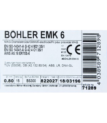 Bohler MAG drut spawalniczy EMK6 ER70S-6 G3Si1 12.50 0.8X15kg szpula (cena za 1 szpulê)