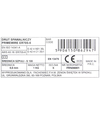 PrimeWire MAG drut spawalniczy ER70S-6 G3Si1 SG2 0.6mm 1kg S100 szpula plastykowa. (M200601) - www.toolsbook.eu