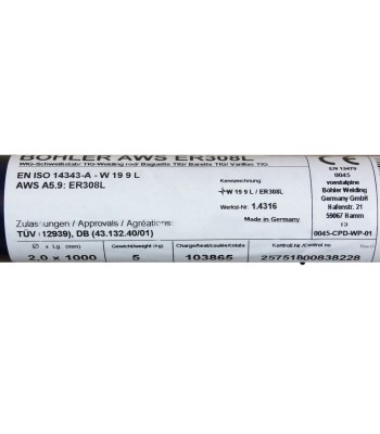 Bohler TIG drut spawalniczy prêt TIG 308L chromowo-niklowy 2.0x1000/opk. 5kg (cena za 1kg)