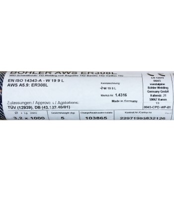 Bohler TIG drut spawalniczy prêt TIG 308L chromowo-niklowy 3.2x1000/opk. 5kg (cena za 1kg)